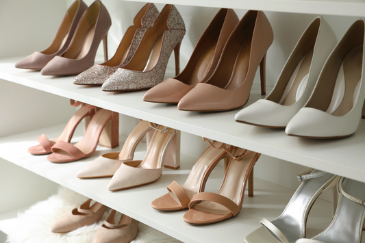 Variety of high heel shoes in nude colours sitting on a shelf