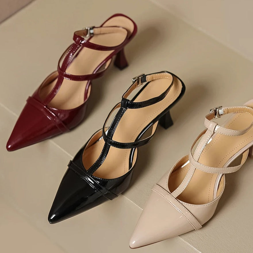 Collection of slingback petite heels in 3 shades of patent leather