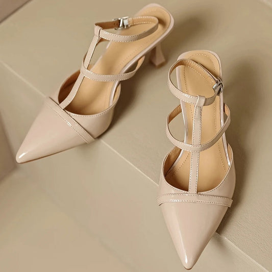 Nude leather small size pointed toe slingback shoes