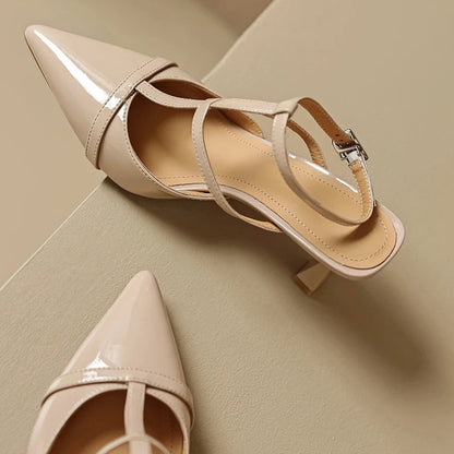 Nude leather small size pointed toe slingback shoes