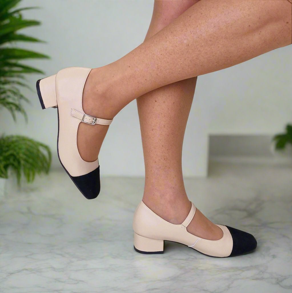 Petite mary jane shoes in nude and black leather