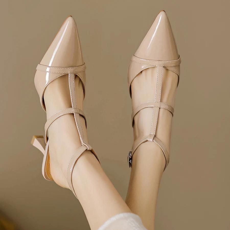 Beige patent cross strap slingback heels