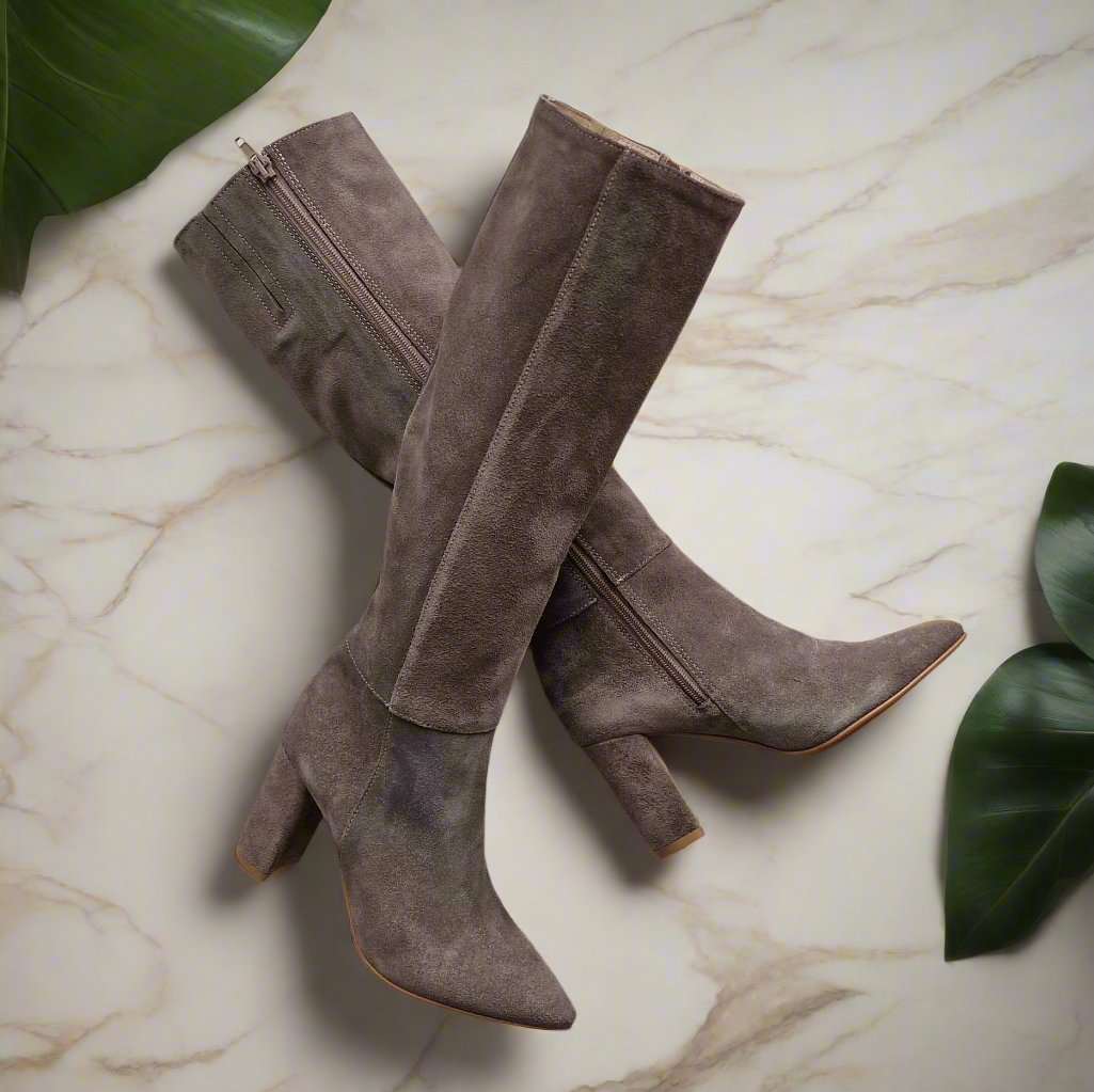 High heel petite size knee high boots in beige leather