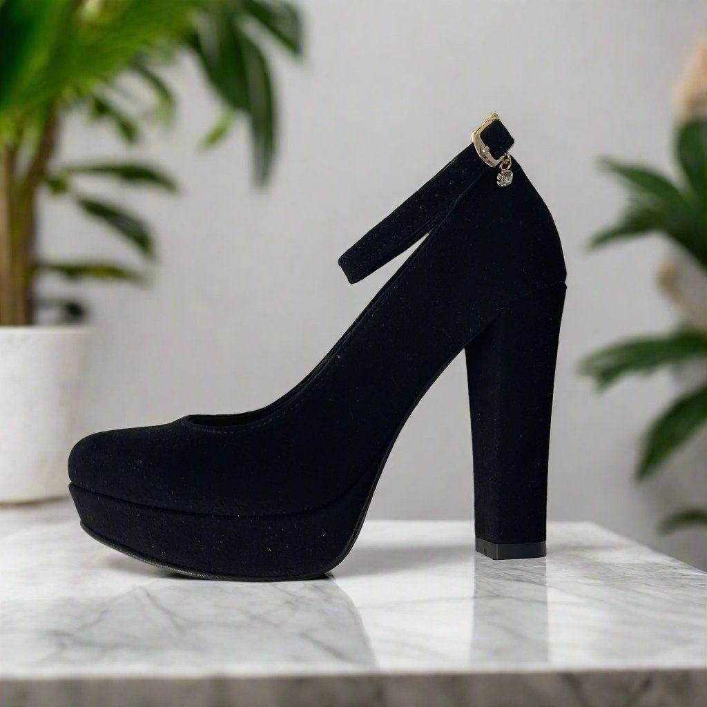 Black court heels with ankle strap