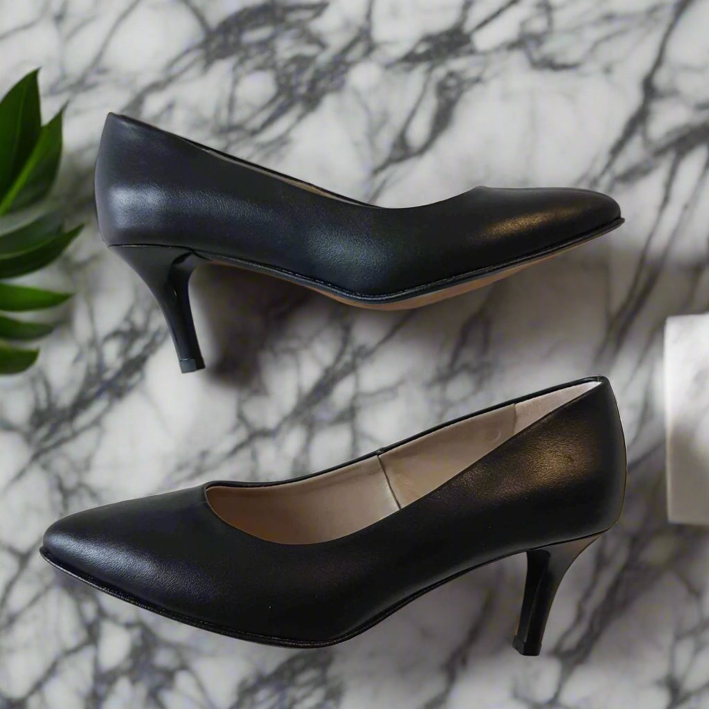 Black leather kitten heel court shoes