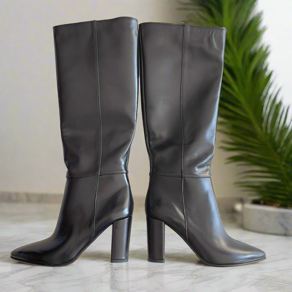 Black leather petite knee boots with high heel