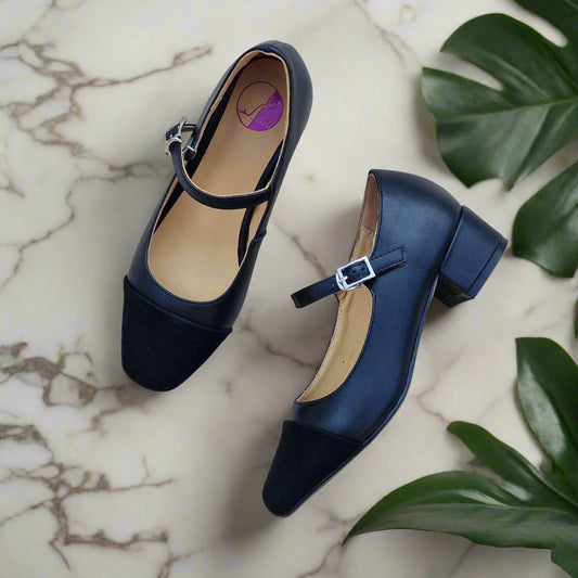 Petite Mary Jane style shoes with a block heel and a strap