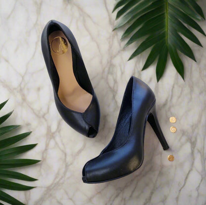 Black leather peep toe court heels with a hidden platform