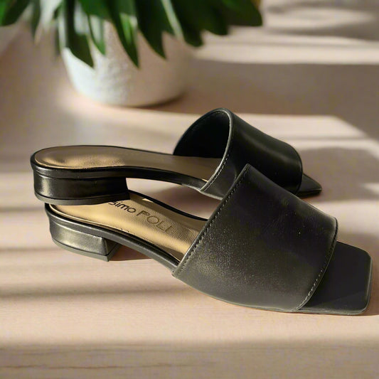 Petite size kitten heel slider sandals in black leather