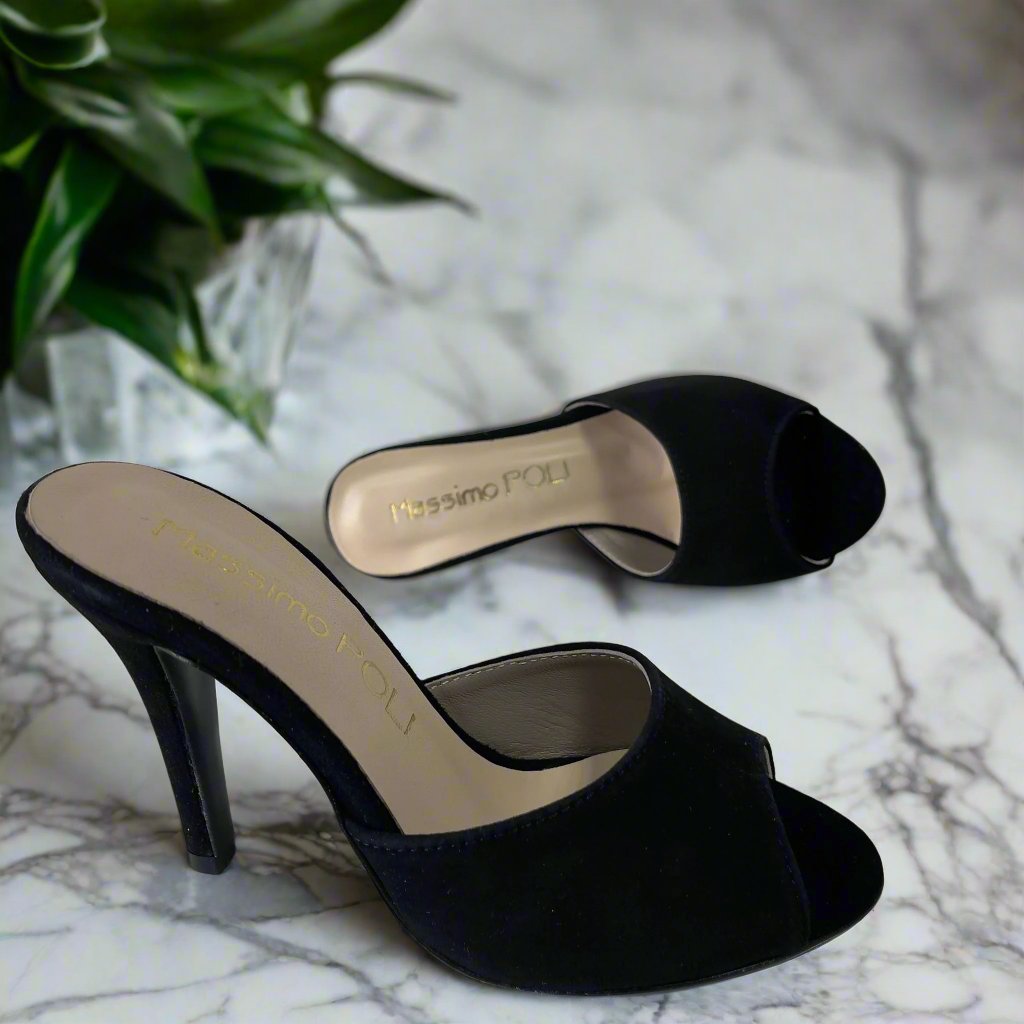 Black suede high heel open toe sandals