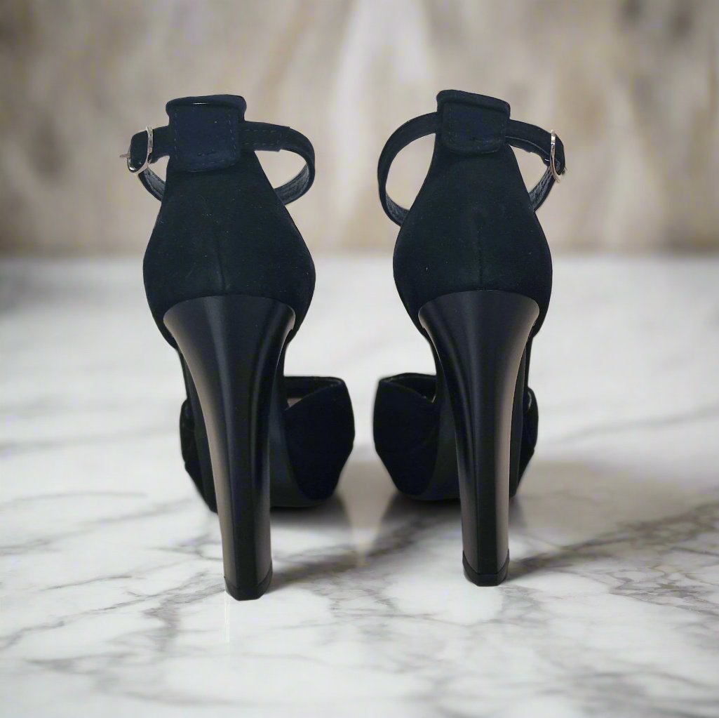 Black suede high heel platform sandals in petite size