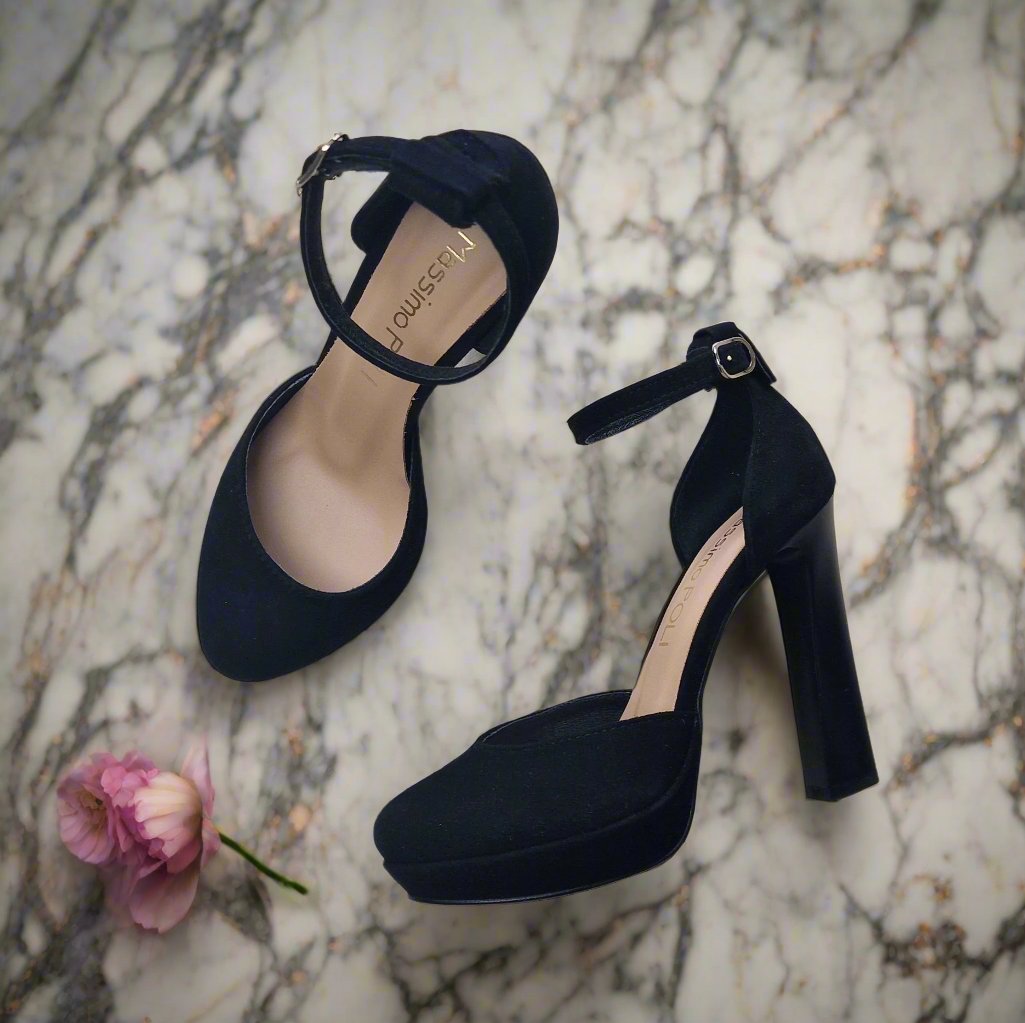 Black suede high heel platform shoes in small size