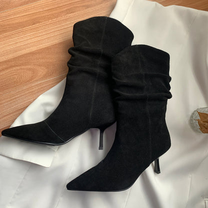 Black suede pointed toe high heel boots