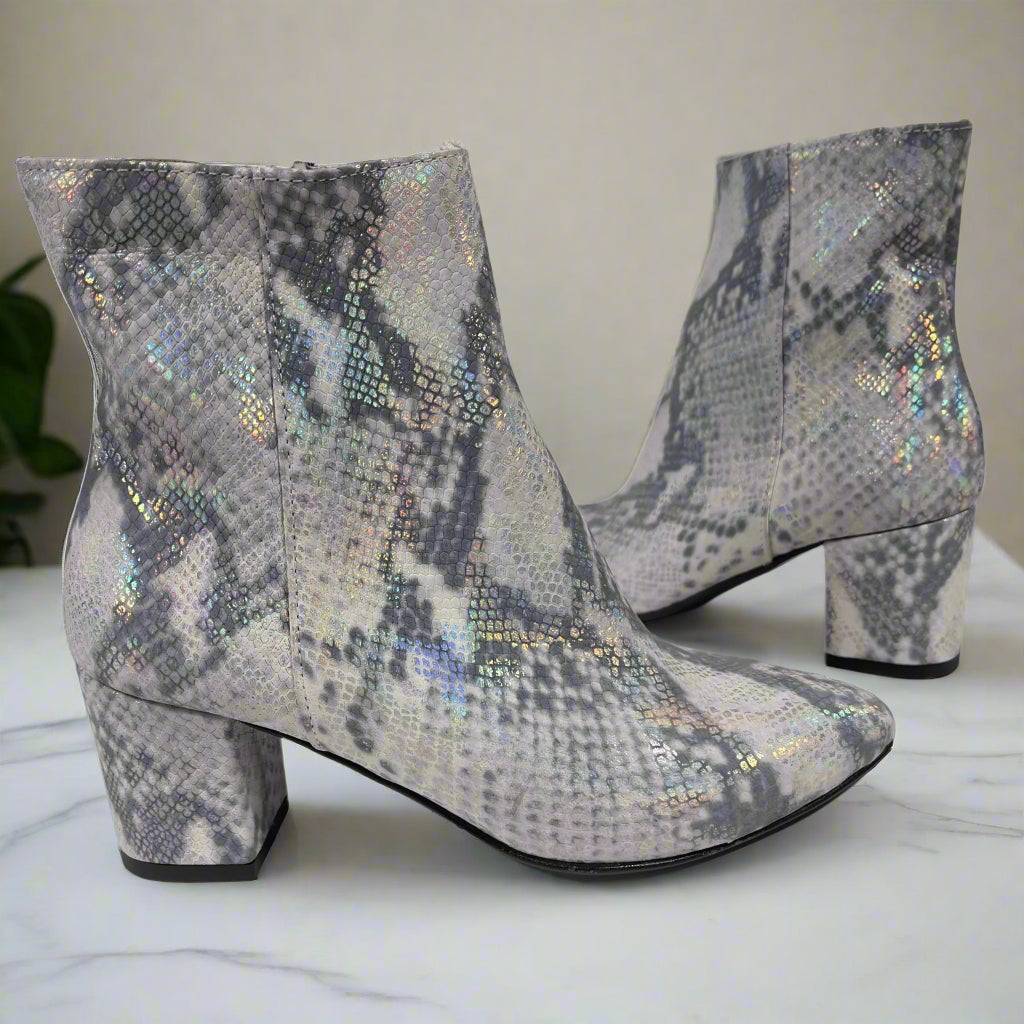 Petite size block heel ankle boots in silver snake embossed leather