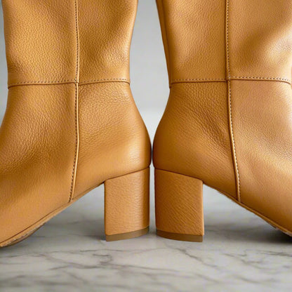 Block heel tan leather boots