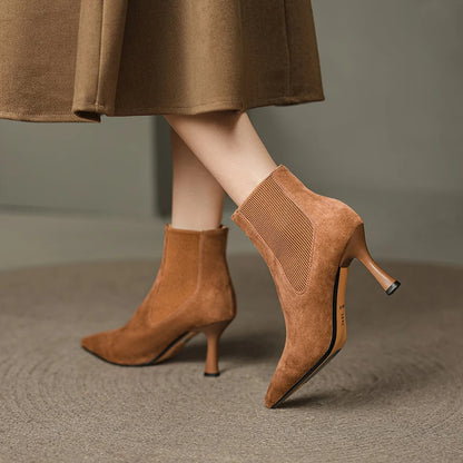 Petite pointed toe ankle boots in brown suede