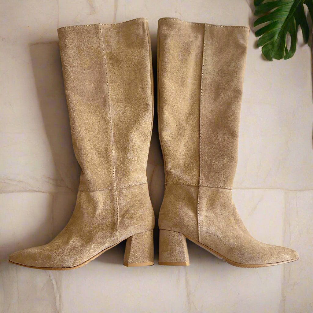 Petite knee high boots in camel suede