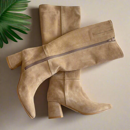 Petite knee high boots in camel suede set on a block heel