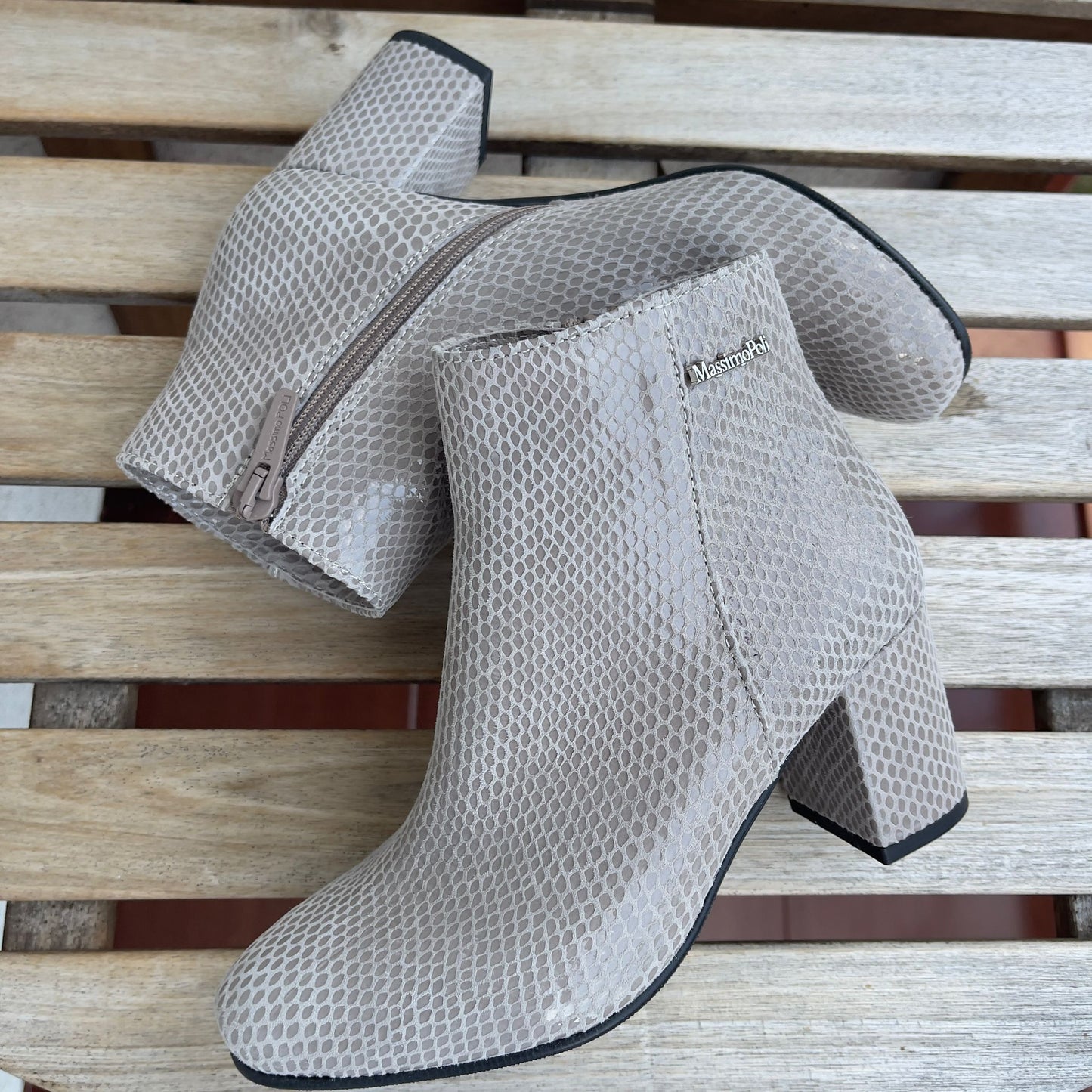 Grey embossed leather ankle boots with a 7cm block heel.