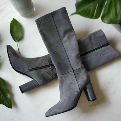 Grey suede ip up boots set on a block heel