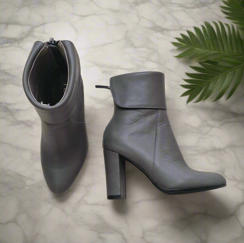 Grey leather high heel boots in petite size