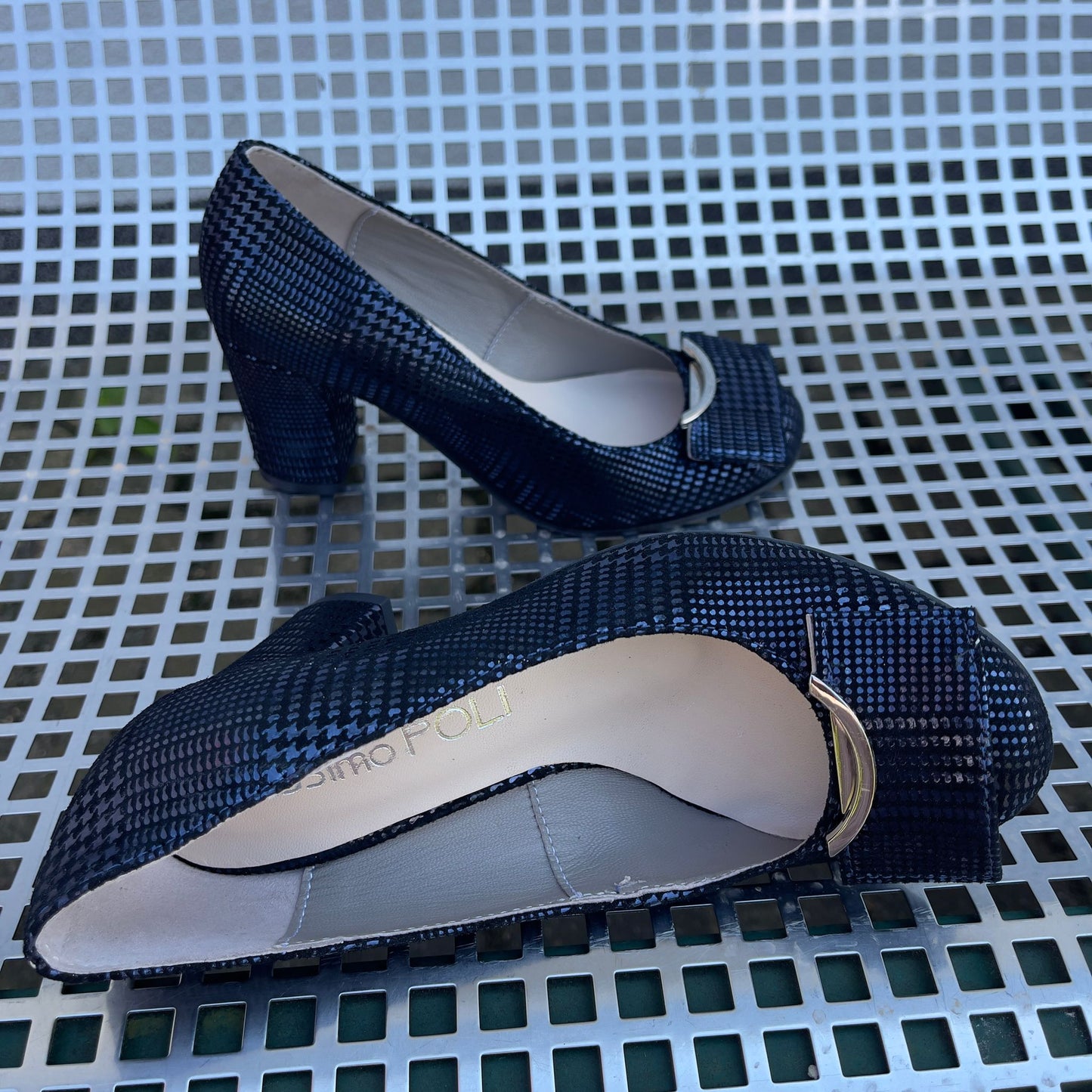 Block heel navy leather court heels