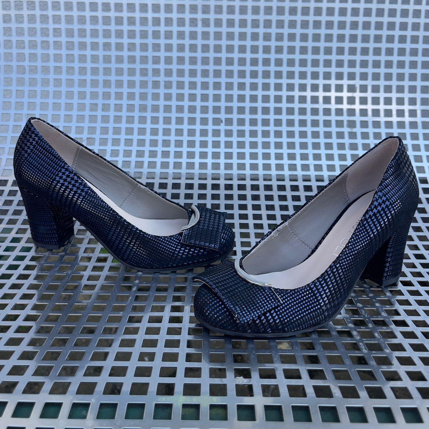 Block heel navy leather court heels