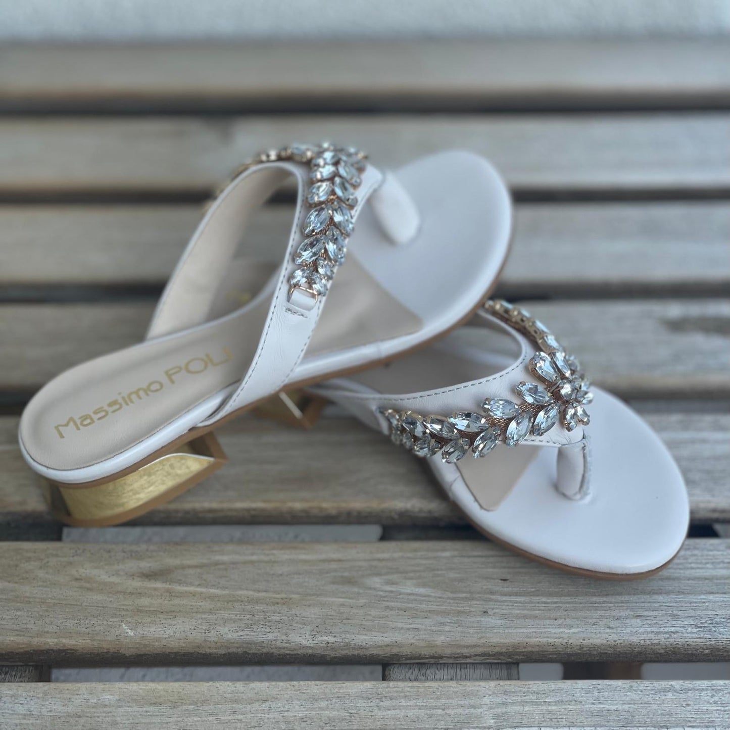 Petite size white leather sandals with swarovski crystals