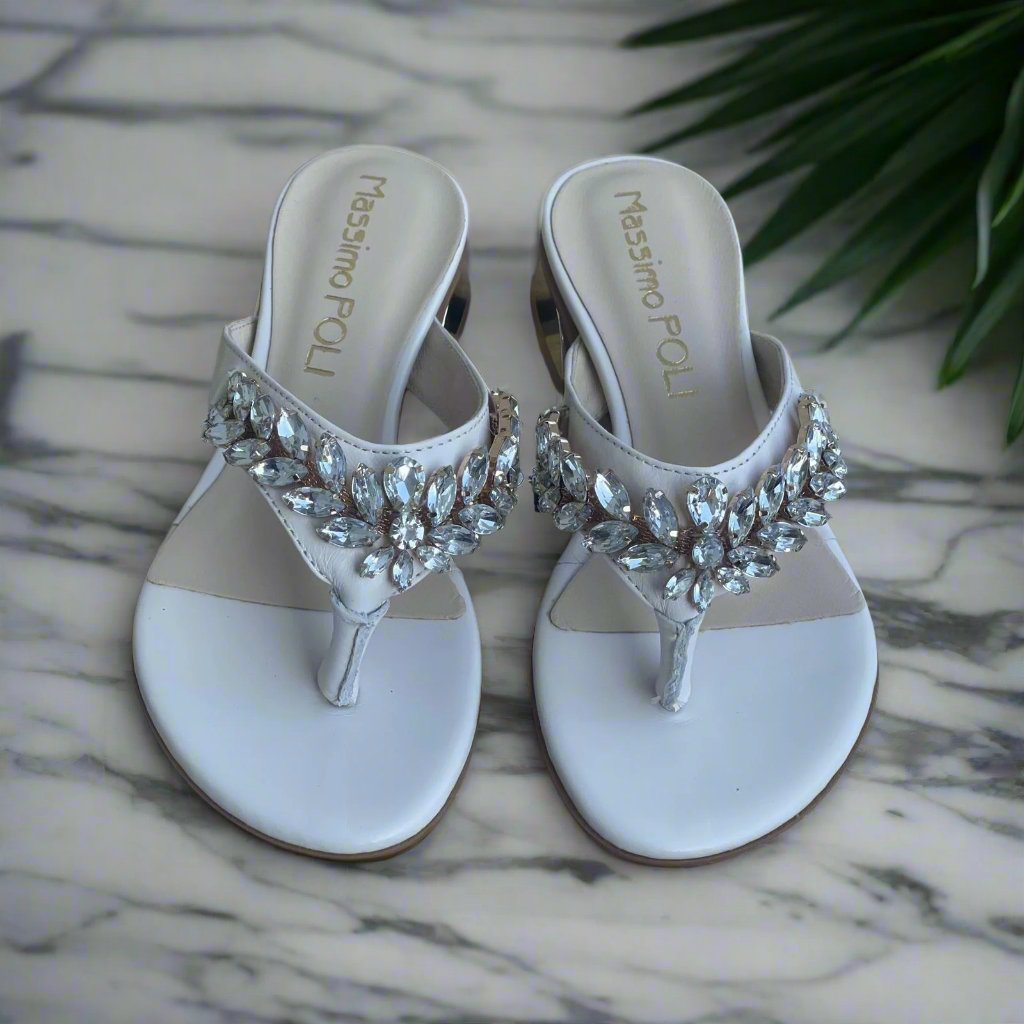 Petite size white leather sandals with swarovski crystals