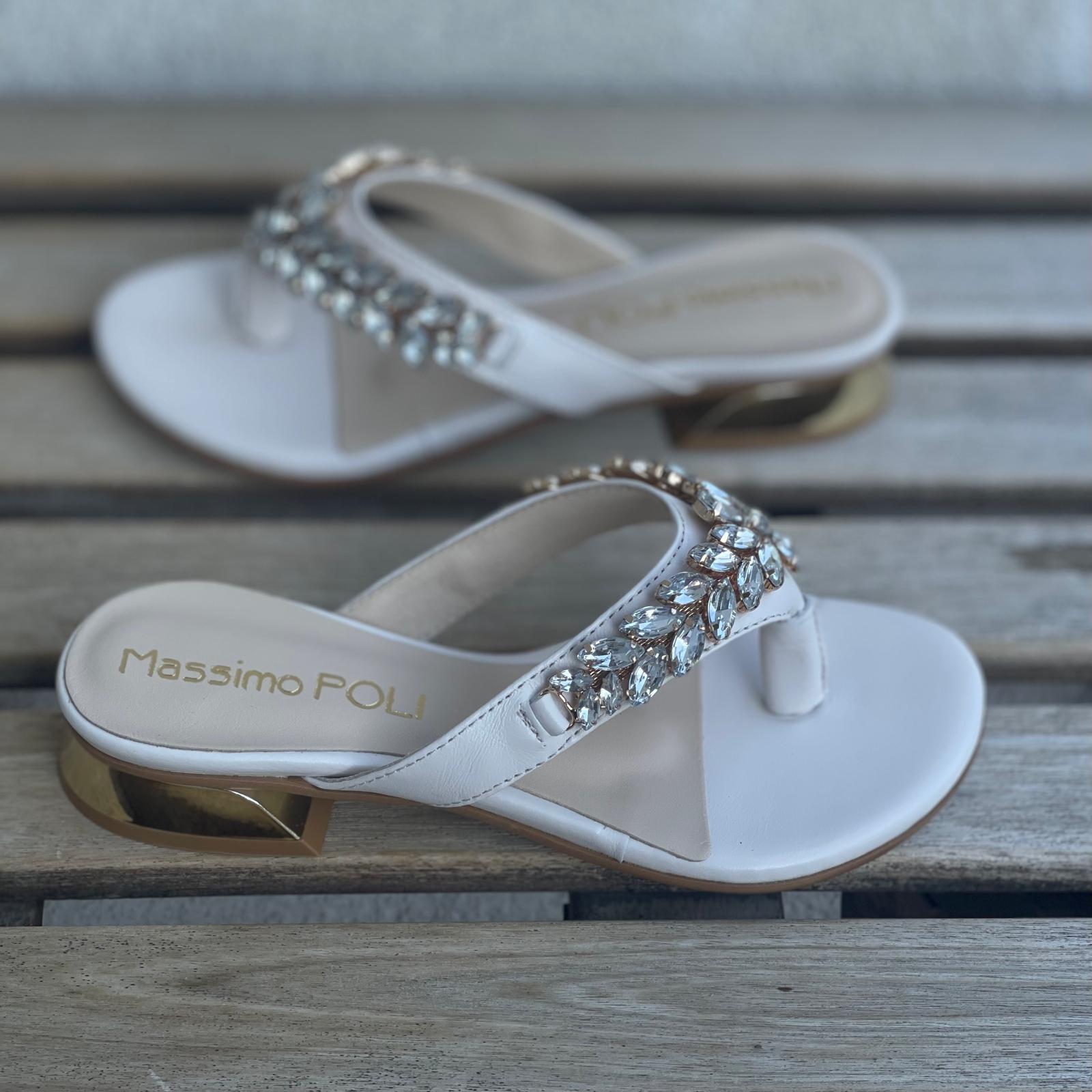 Petite size white leather sandals with swarovski crystals