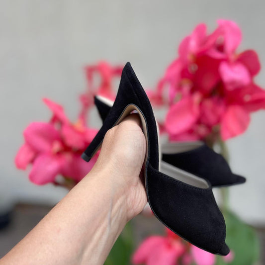 Black suede petite high heel mules