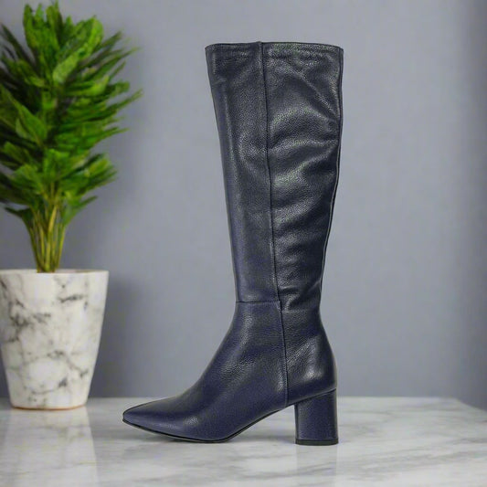 Petite knee high boots in navy leather set on a mid block heel