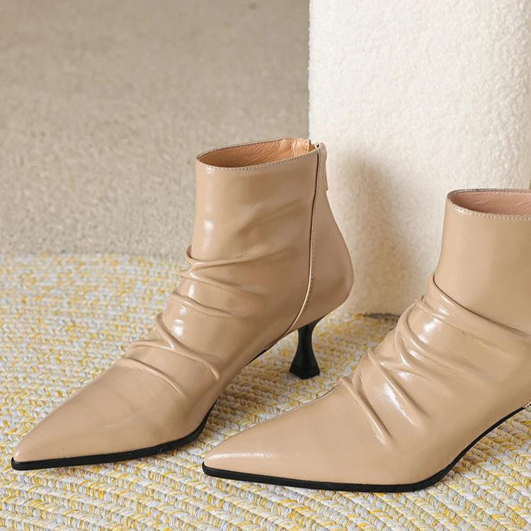 Kitten heel pointed toe ankle boots in nude patent leather