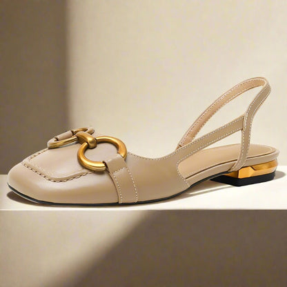 Beige leather petite open toe sandals with gold brooch