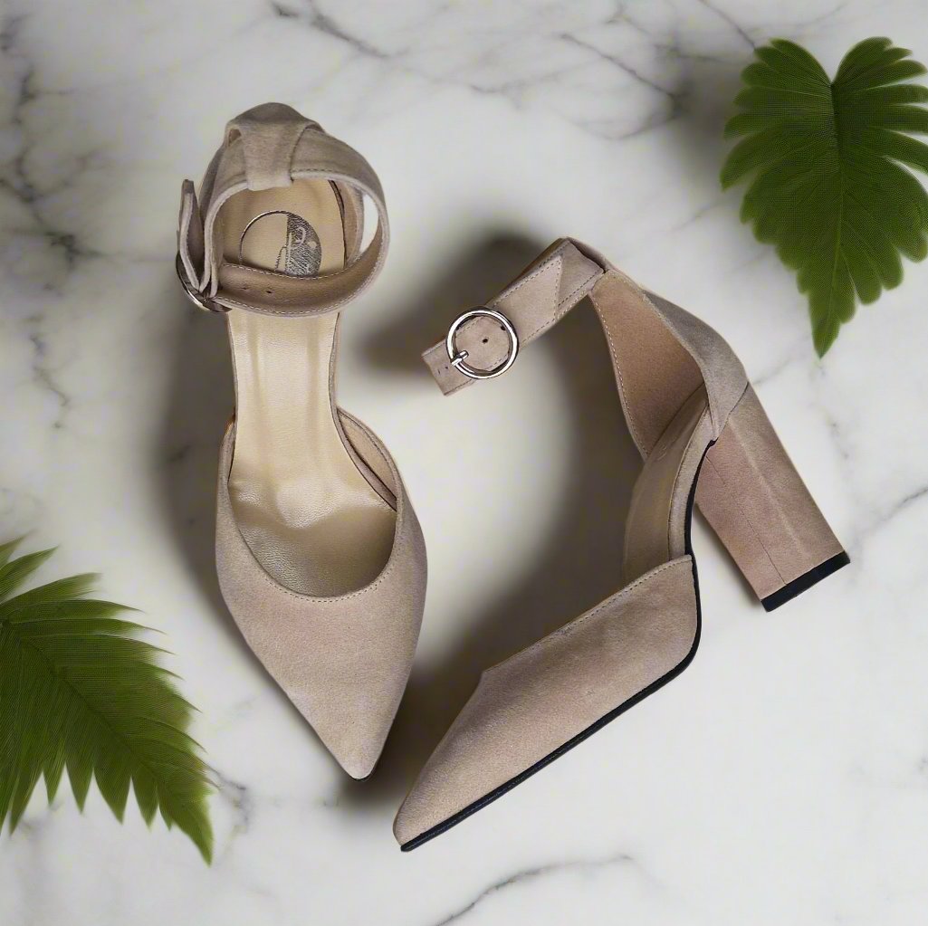 Nude suede petite ankle strap sandals