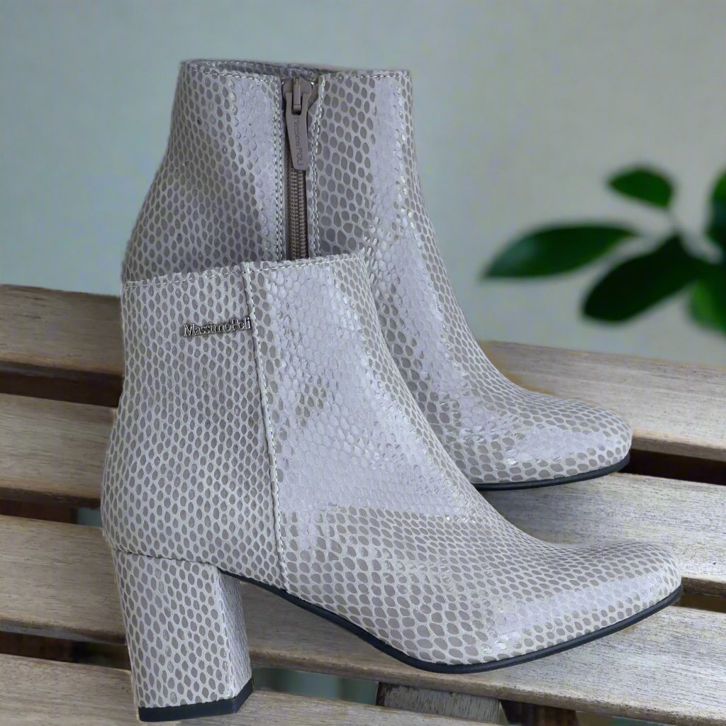 Grey embossed leather ankle boots with a 7cm block heel.