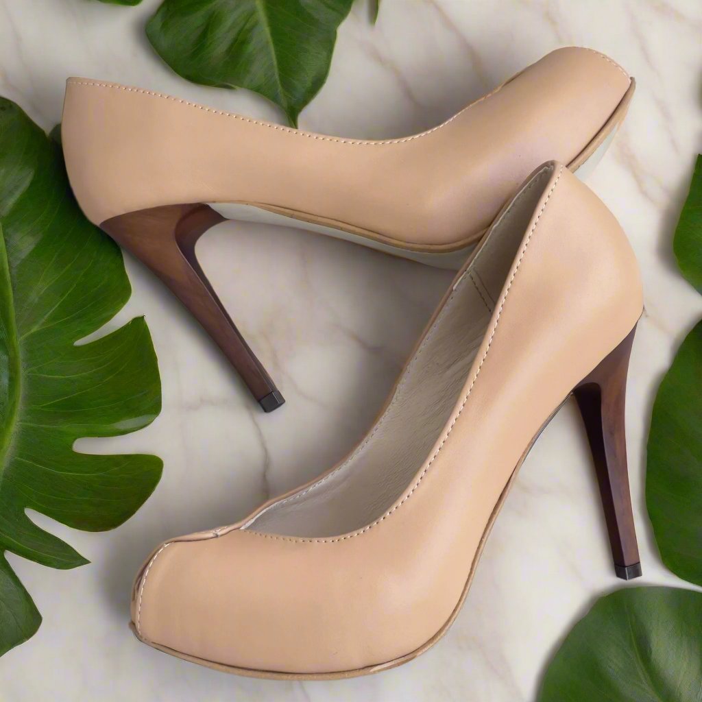 High heel open toe court shoes in beige leather