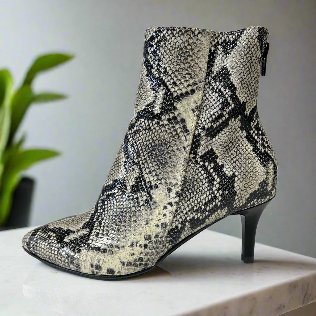 Pointed toe kitten heel ankle boots in snake embossed leatherv