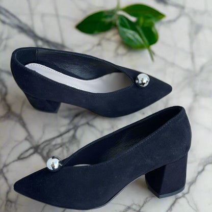 Pointed to black suede petite court shoes set on a mid heel