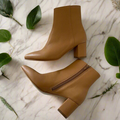 Petite tan leather ankle boots set on a block heel