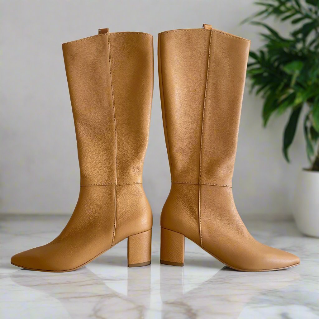 Block heel tan leather boots 