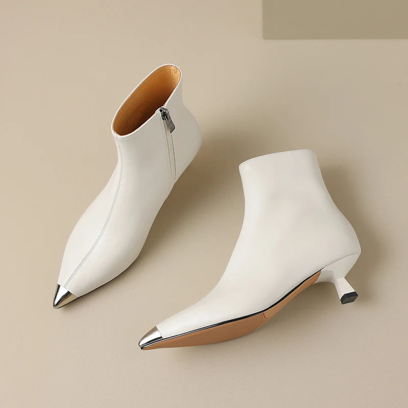 Pointed toe kitten heel ankle boots in white leather