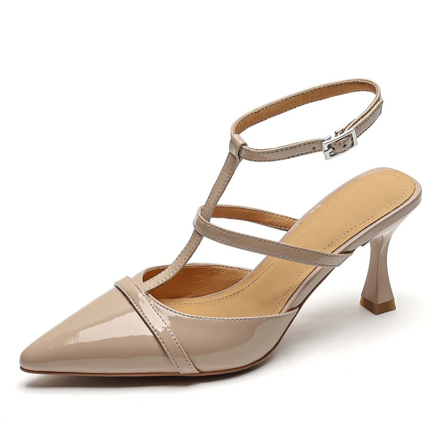 Beige patent leather kitten heel slingback shoes