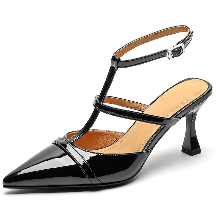 Black patent leather kitten heel slingback shoes