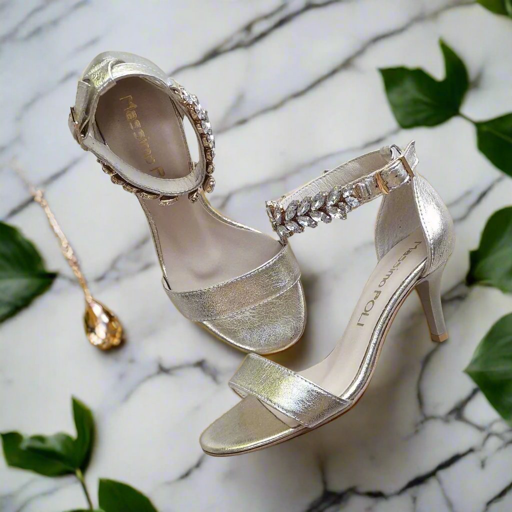 Gold leather petite ankle strap sandals with crystal brooch