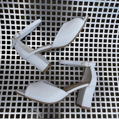 White leather petite wedding sandals set on a block heel