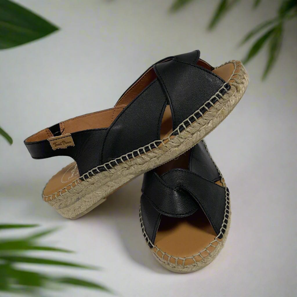 Petite wedge black leather espadrilles