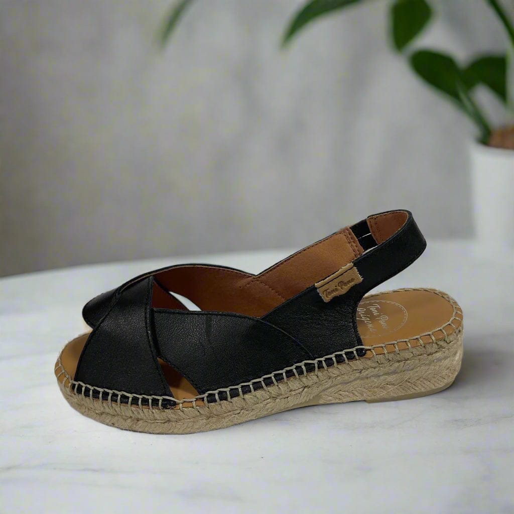 Petite wedge black leather espadrilles