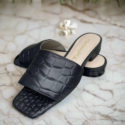 Black leather petite size sliders