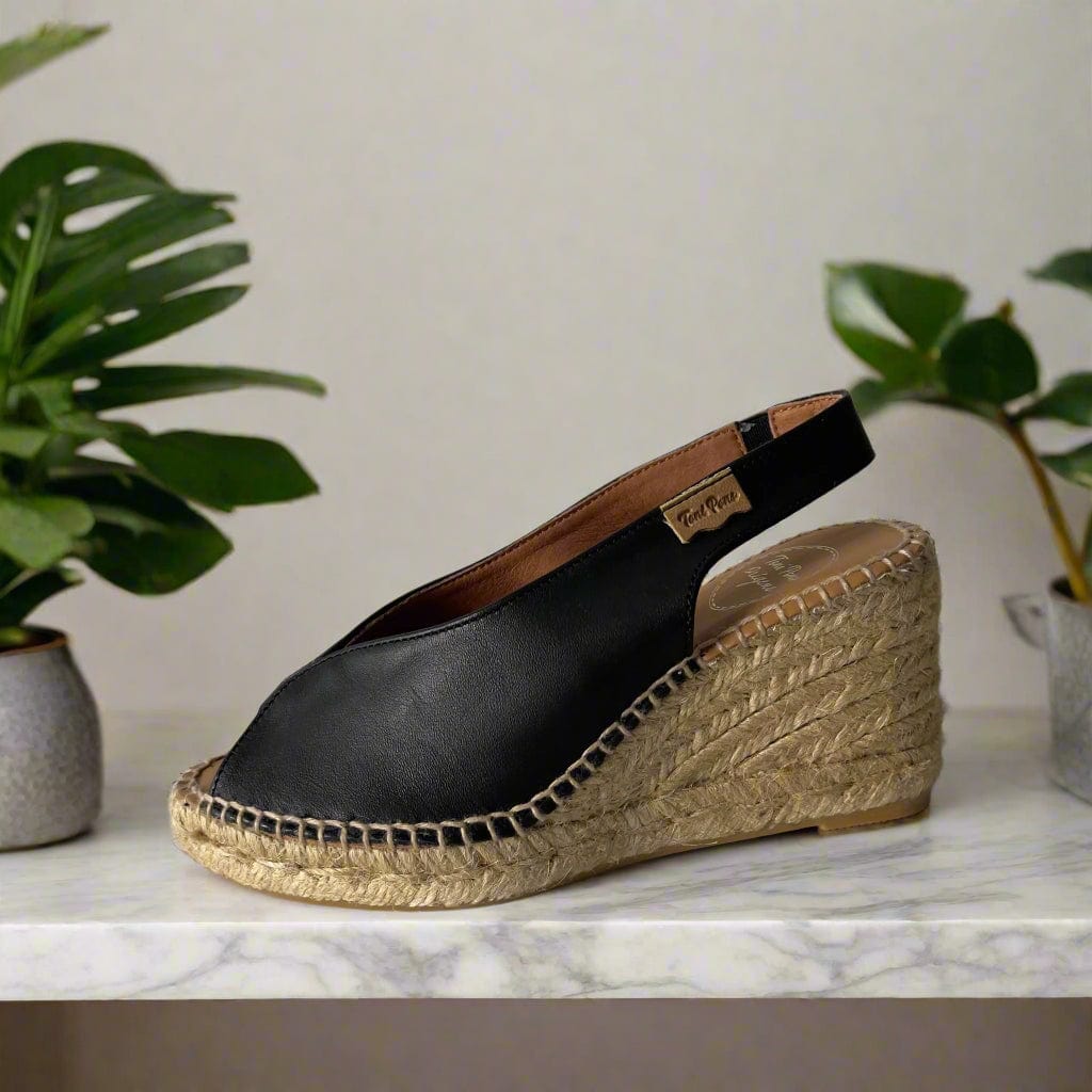 Black leather petite size wedge espadrilles  